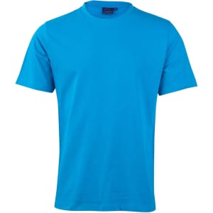 A bright blue men's cotton semi-fitted tee with short sleeves and a crew neck, featuring a logo on the tag.