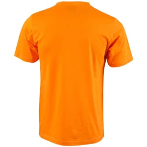 An orange semi-fitted men's cotton t-shirt, featuring a plain back side and a logo.