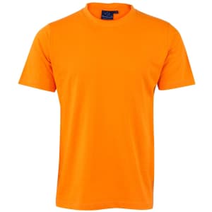 An orange men's cotton semi-fitted t-shirt featuring a crew neck and short sleeves, with a logo on the label.