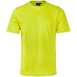 A bright yellow semi-fitted ladies' cotton t-shirt with short sleeves and a tag inside.
