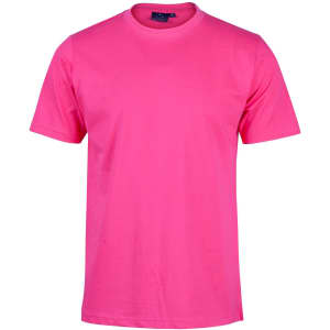 A pink semi-fitted men's cotton T-shirt with a crew neck and short sleeves. It features a logo on the tag.