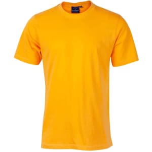 A men's cotton semi-fitted tee in bright yellow, featuring a crew neck and a logo on the tag.