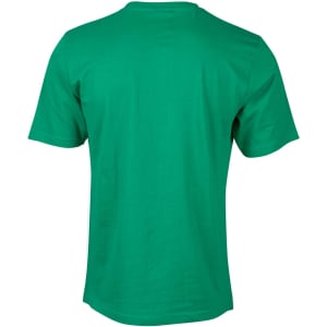 A green men's cotton semi-fitted tee with a crew neck and short sleeves, featuring a logo on the back.