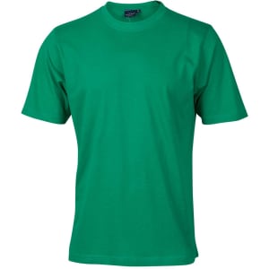 A green semi-fitted men's cotton t-shirt with short sleeves and a crew neck. It has a logo.