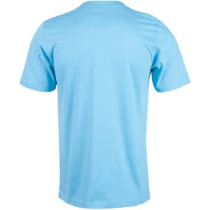 A light blue men's semi-fitted cotton t-shirt with a plain back and short sleeves. It features a branding logo.