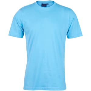 A light blue men's cotton semi-fitted t-shirt featuring short sleeves and a logo on the label.