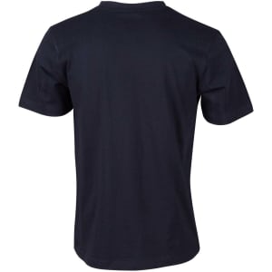 A men's cotton semi-fitted tee in navy blue, featuring short sleeves and a back view with a subtle logo.