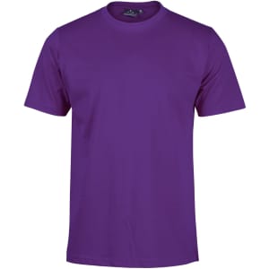 A purple men's cotton semi-fitted tee featuring a round neckline and short sleeves. It has a logo at the neck.