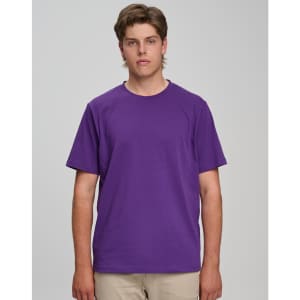 A purple semi-fitted men's cotton T-shirt displayed on a model against a neutral background.