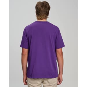 A men's cotton semi-fitted tee in purple, viewed from the back, featuring a simple design and a logo.