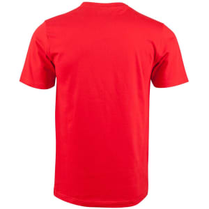 A red men's cotton semi-fitted tee shirt with short sleeves and a plain back. It features a logo on the back.