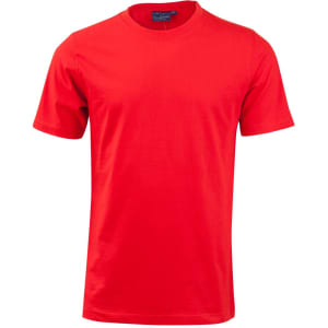 A red men's cotton semi-fitted tee with a crew neck and short sleeves. It features a logo on the upper back.