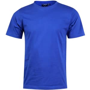 A blue men's cotton semi-fitted tee with short sleeves. The tee features a logo on the label.