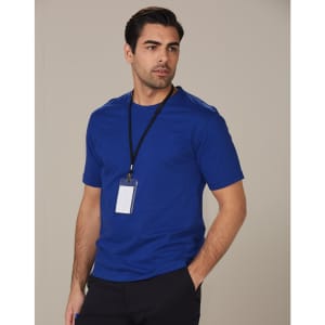A men's semi-fitted t-shirt in royal blue, featuring short sleeves and a tag attached.
