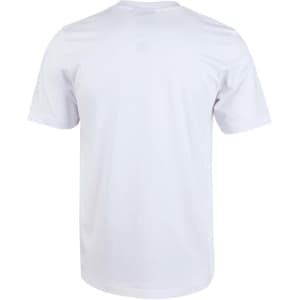 A plain white men's cotton semi-fitted tee with a simple design and a logo present.