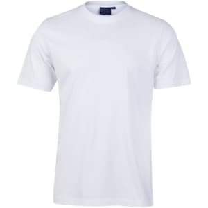 A white men's semi-fitted cotton t-shirt with short sleeves and a logo on the label.