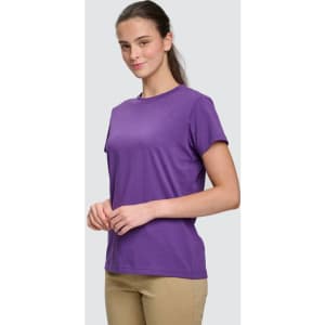 A purple ladies' cotton semi-fitted tee displayed on a model, featuring a simple design and short sleeves.