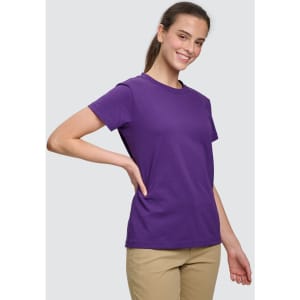 A purple semi-fitted cotton tee for ladies, featuring short sleeves and a simple design with a logo.