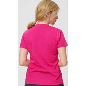 A pink ladies' cotton semi-fitted tee featuring a simple design and a logo on the back.