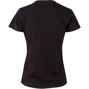 A black ladies' cotton semi-fitted tee with a classic crew neck and short sleeves. Includes branding on the back.
