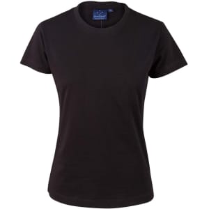 A black ladies' cotton semi-fitted tee with a rounded neckline and short sleeves, featuring a logo tag inside.