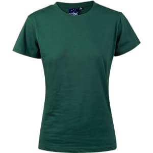 A green semi-fitted women's cotton t-shirt with a round neckline and short sleeves, featuring a logo on the label.