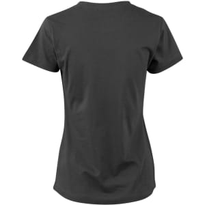 A grey ladies' cotton semi-fitted tee with short sleeves and a round neckline, featuring a logo on the back.