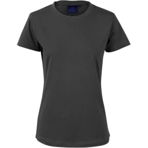 A ladies' semi-fitted tee in dark grey, featuring short sleeves and a round neckline. It has a logo on the label.