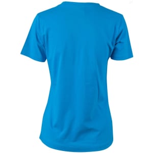 A bright blue ladies' cotton semi-fitted tee featuring short sleeves and a simple design. It has a logo on the back.