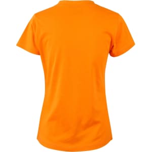 An orange ladies' cotton semi-fitted T-shirt with a crew neck and short sleeves, featuring a logo.