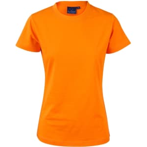 An orange ladies' cotton semi-fitted tee with short sleeves and a round neckline, featuring a tag and logo.