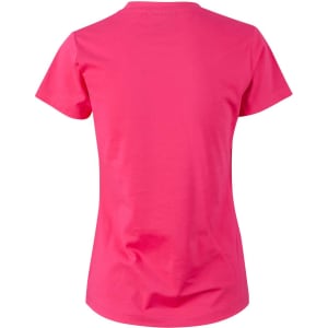 A pink ladies' cotton semi-fitted tee featuring a crew neck and short sleeves, with a logo on the back.
