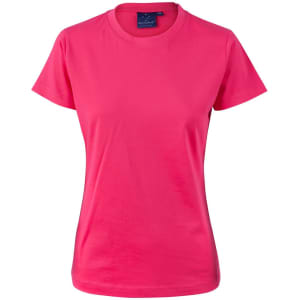A pink semi-fitted cotton T-shirt with short sleeves and a round neckline. It features a branding logo.