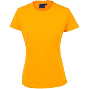 A ladies' cotton semi-fitted tee in bright yellow, featuring a classic round neckline and short sleeves.