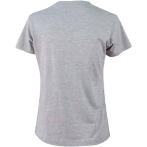 A grey ladies' cotton semi-fitted tee with short sleeves and a round neckline, featuring a logo on the back.
