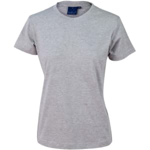 A grey ladies' cotton semi-fitted tee with a crew neckline and short sleeves, featuring a logo on the label.
