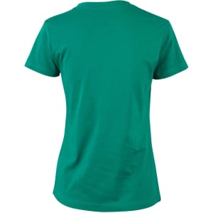 A green ladies' cotton semi-fitted tee with a crew neck design and short sleeves. It features a logo on the back.