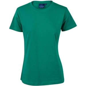 A green semi-fitted cotton t-shirt for ladies, featuring short sleeves and a round neckline. The shirt has a logo.