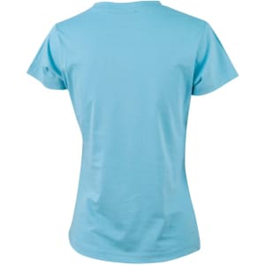 A blue semi-fitted cotton t-shirt for women, featuring short sleeves and a simple design.