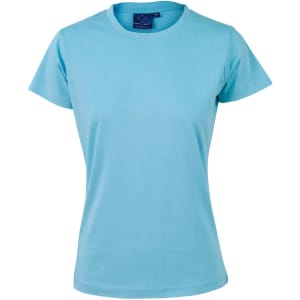 A light blue semi-fitted cotton T-shirt for women with short sleeves and a tag inside. Features a logo.