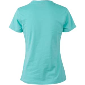 A teal ladies' cotton semi-fitted tee with a short sleeve design and a smooth back. Features a logo.