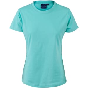 A turquoise ladies' cotton semi-fitted tee with a round neckline and short sleeves, featuring a logo.