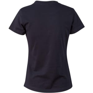 A black ladies' cotton semi-fitted t-shirt, featuring a simple design and short sleeves. It includes a logo on the back.