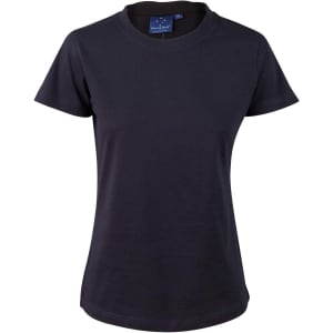A ladies' semi-fitted tee in navy blue, featuring a round neckline and short sleeves, with a logo on the label.