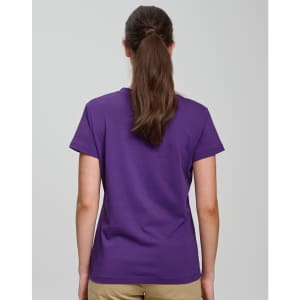 A purple semi-fitted women's cotton t-shirt with short sleeves, viewed from the back.