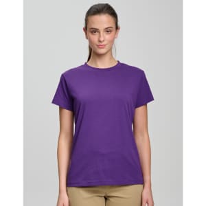 A ladies' semi-fitted tee in purple, featuring short sleeves and a round neckline. Includes a logo.