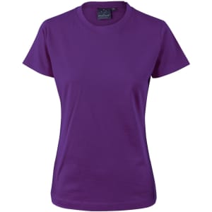 A purple ladies' cotton semi-fitted tee with a crew neckline and short sleeves. It features a brand logo.