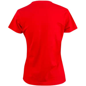 A red ladies' cotton semi-fitted tee with short sleeves and a plain back. It features a logo.