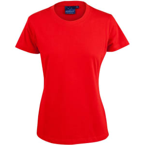 A red ladies' cotton semi-fitted tee with short sleeves and a round neckline. It features a logo.