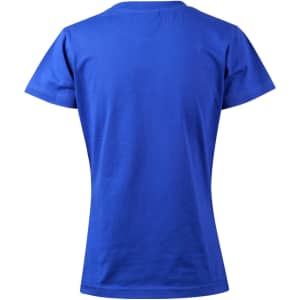 A blue semi-fitted cotton T-shirt for ladies, featuring a simple design and short sleeves.